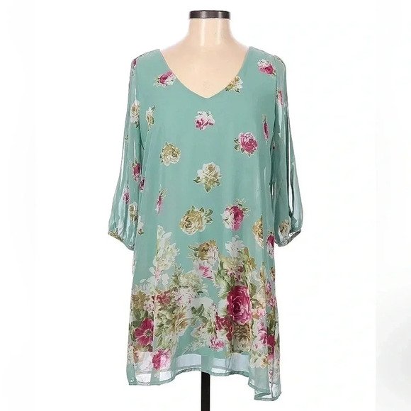 LULUS Exclusive Shifting Dears Sage Green Floral Print Dress Open Sleeves Size M - Picture 2 of 7